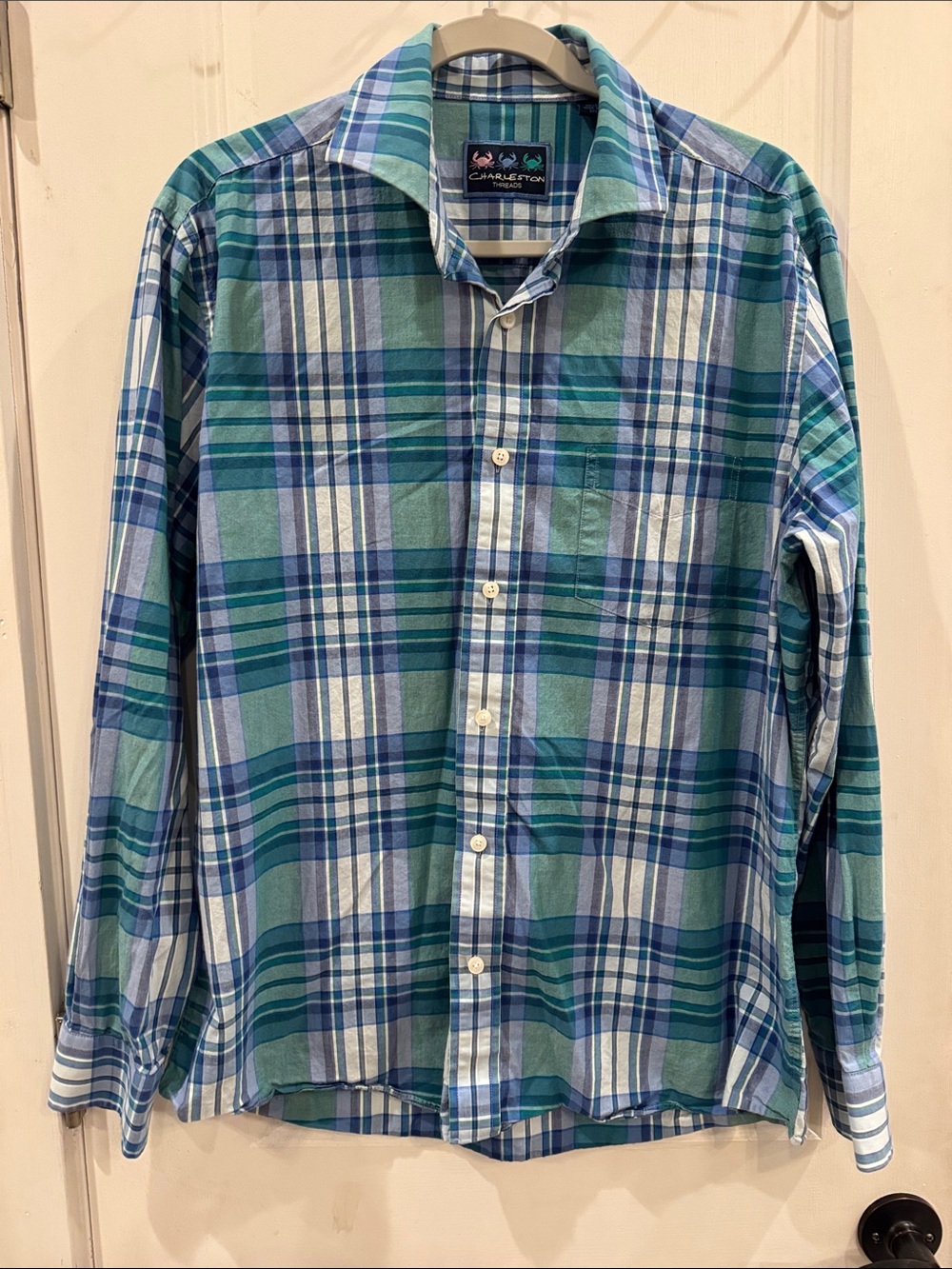 Charleston Threads Costal Green Navy Plaid Button-Down Shirt Size Large